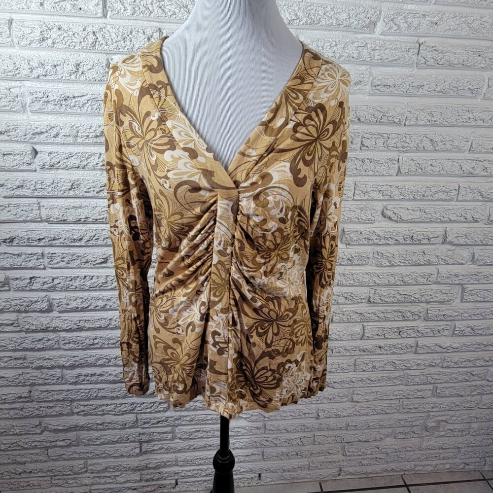 New York Co Womens Top Extra Large XL Tan Floral Ruched Metallic Thread FLO290E